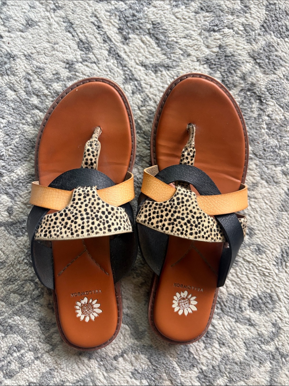 Yellow Box Leather Slide Sandals with Leopard Print and Tan Strap
